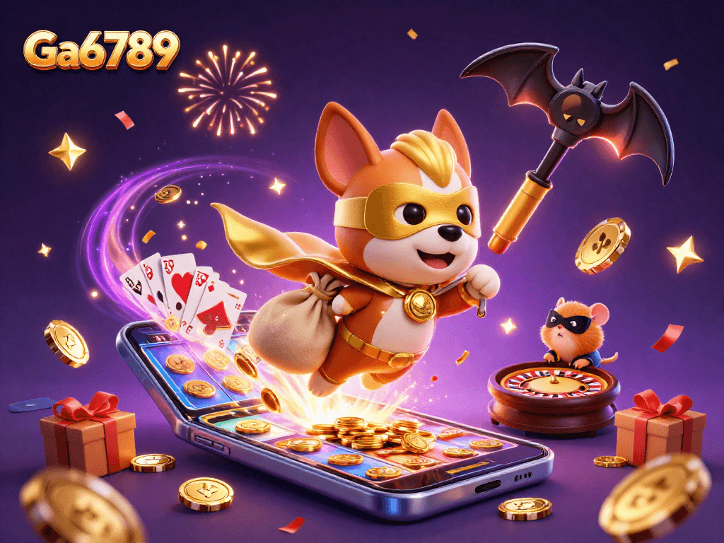 Catch the excitement with Ga6789's 3D illustration of a superhero dog flying amidst colorful casino elements.