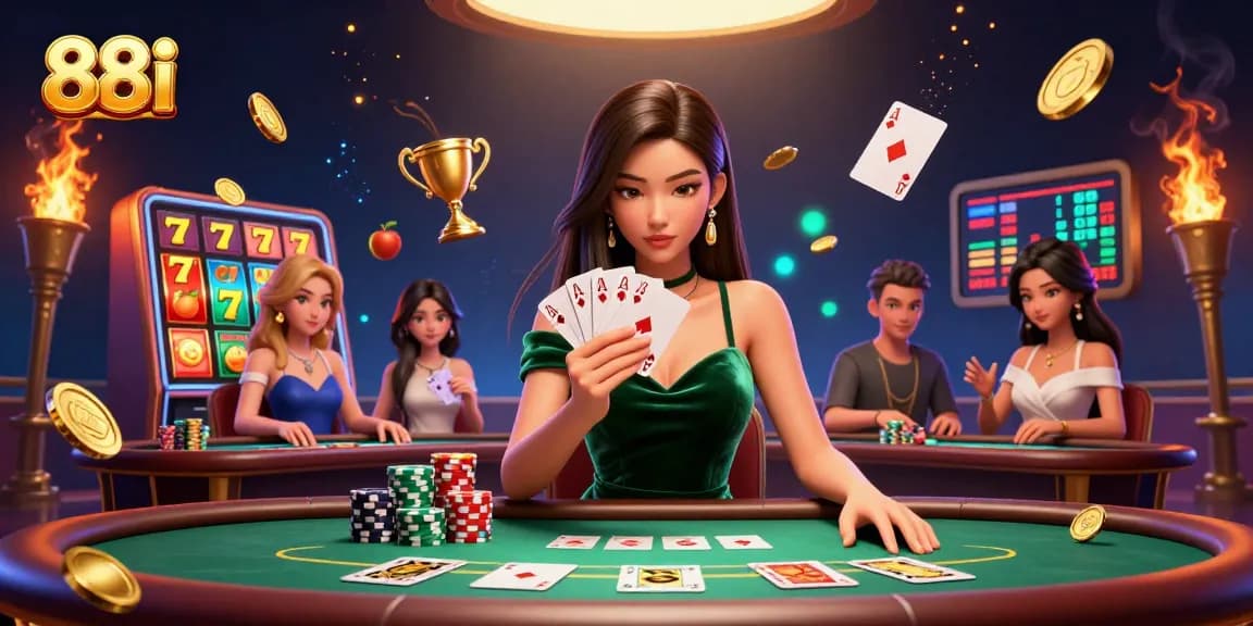 Experience thrilling poker strategies at 88i with stunning gameplay, golden trophies, and vibrant elements.