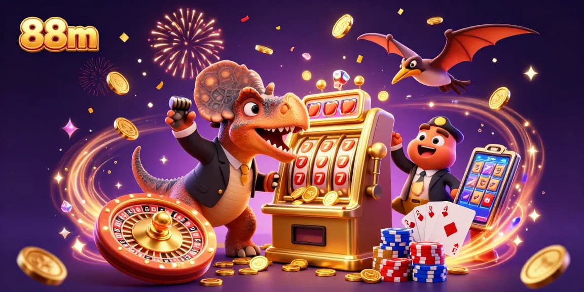 88m jackpot experience with a dinosaur-themed casino scene, featuring excitement and colorful elements.