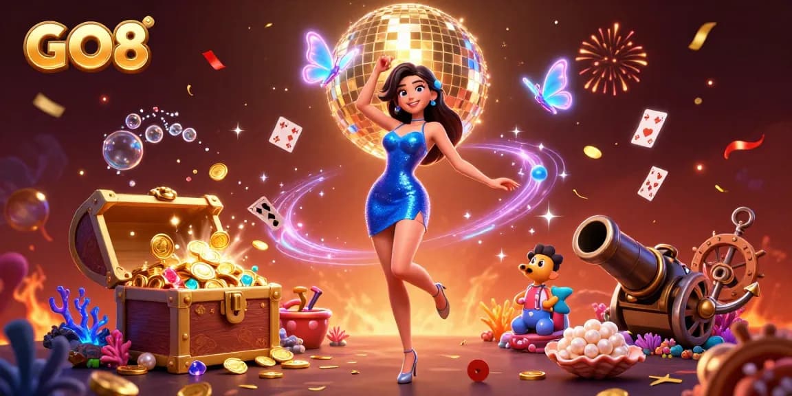 Play thrilling games at GO8 with this vibrant casino-themed illustration, showcasing dynamic 3D characters and rich gaming elements.
