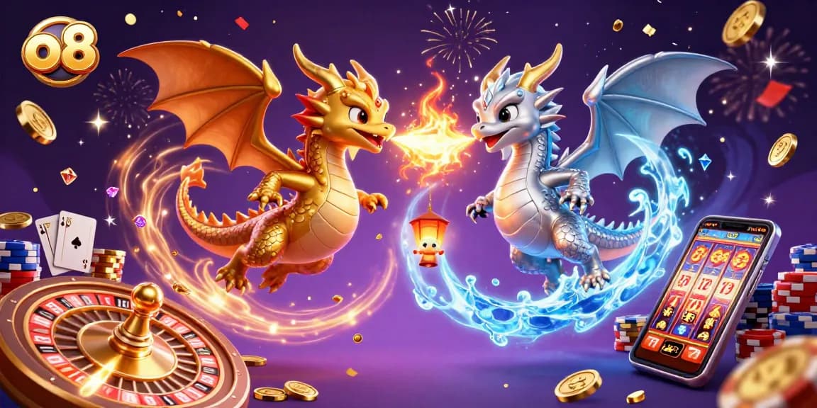 Experience thrilling gameplay with o8's vibrant 3D illustration of dragons amidst dazzling casino elements.