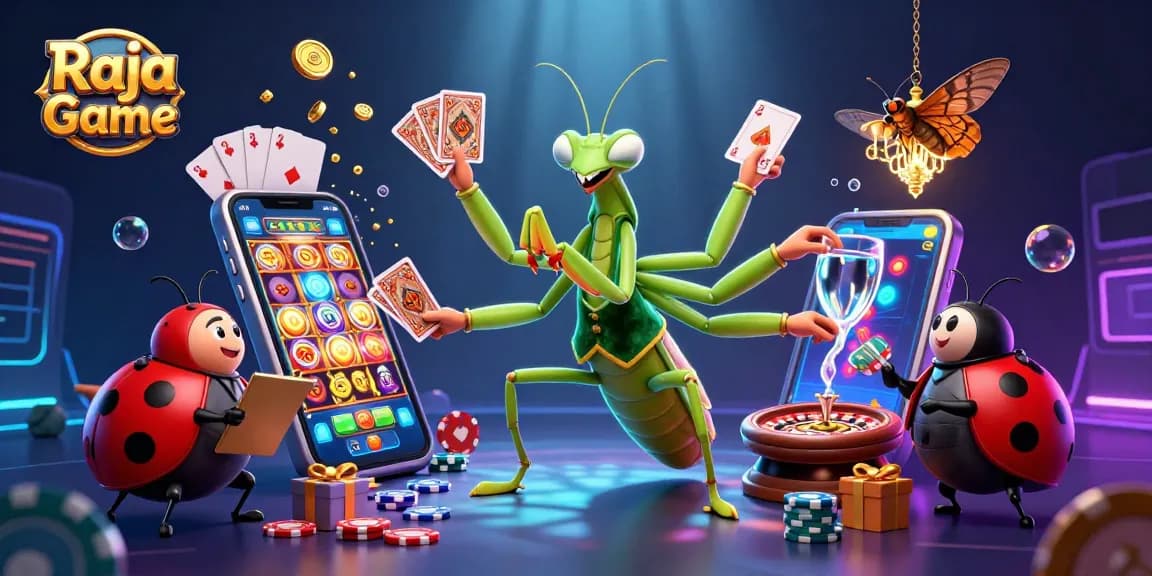 Experience Raja Game excitement as the mantis card sharp shuffles cards in a vibrant casino scene.