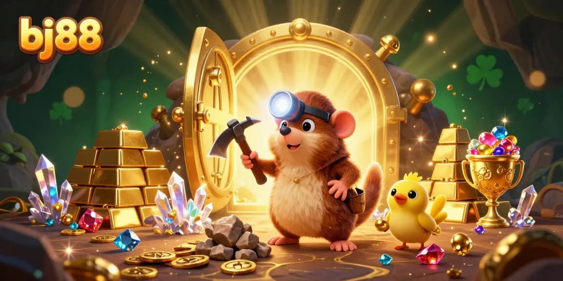Experience the thrill of betting at bj88, featuring a dynamic treasure scene with a mole, golden gems, and casino elements.