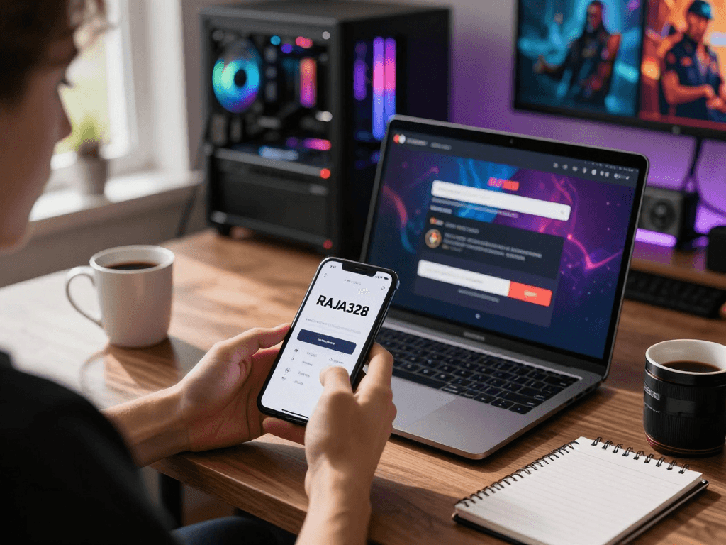 Access RAJA328 login APK on smartphone, showcasing vibrant gaming setup