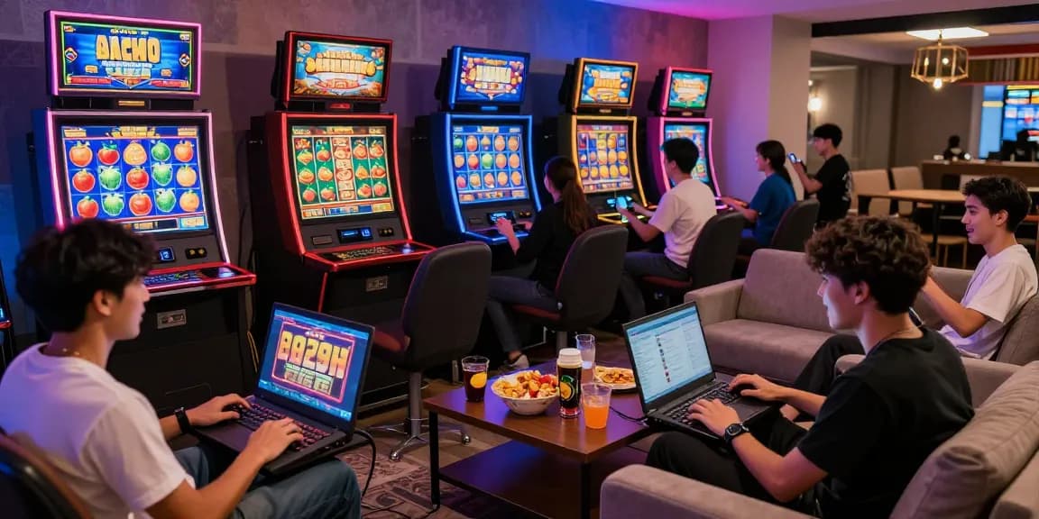 Engaged players enjoying bandar slot games in a vibrant online casino setting.