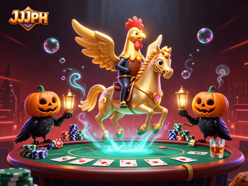 Nagtatampok ng JJJPH, ang makulay na 3D na ilustrasyon ng gintong tandang na kaiba ang paksa habang naglalaro sa isang kasino