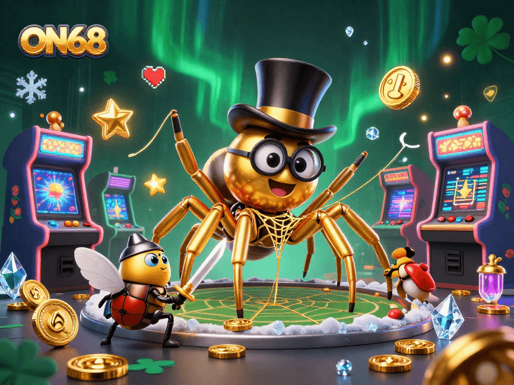 Experience the thrill of ON68 with a dynamic gaming scene featuring a giant golden tarantula and a beetle knight amidst rich casino elements.