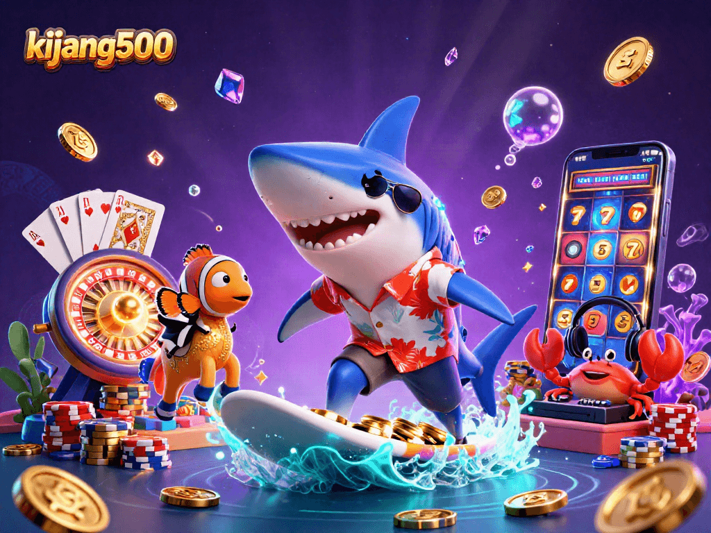Kijang500 showcases vibrant casino adventure with shark, clownfish, and DJ crab amidst gold coins.
