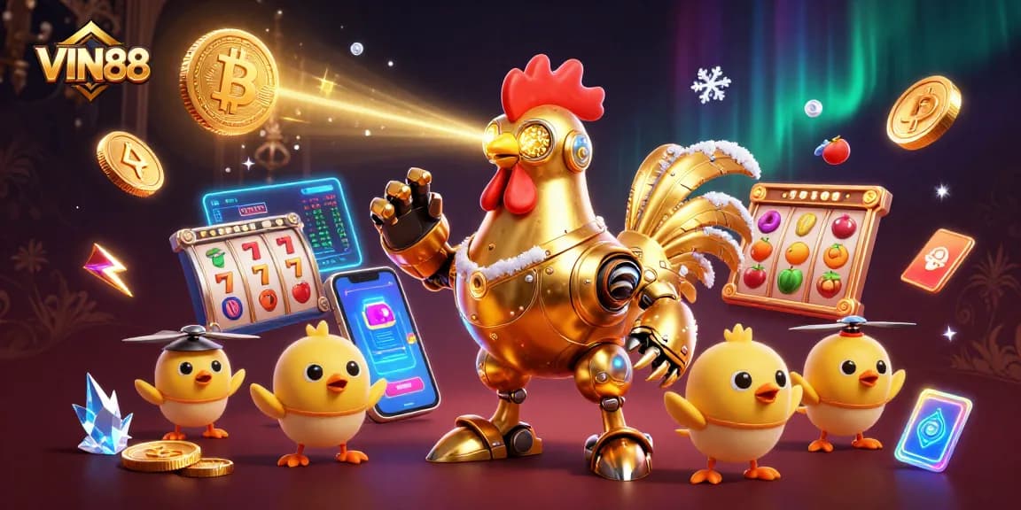 Experience the exciting slots at VIN88 with a dynamic scene featuring a golden rooster robot.