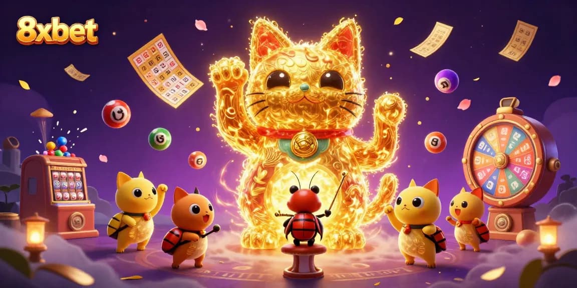 Experience 8xbet's exciting online casino adventure with a vibrant lucky cat and dynamic games.
