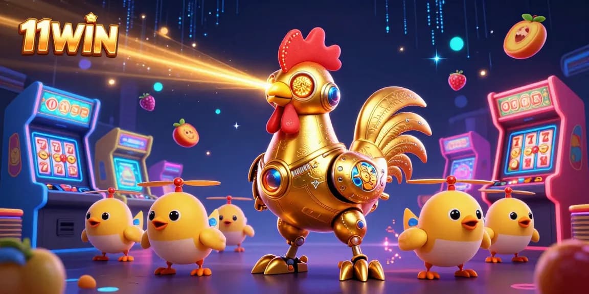 Experience thrilling gaming with 11WIN as the golden rooster robot and baby chick drones illuminate the casino scene.