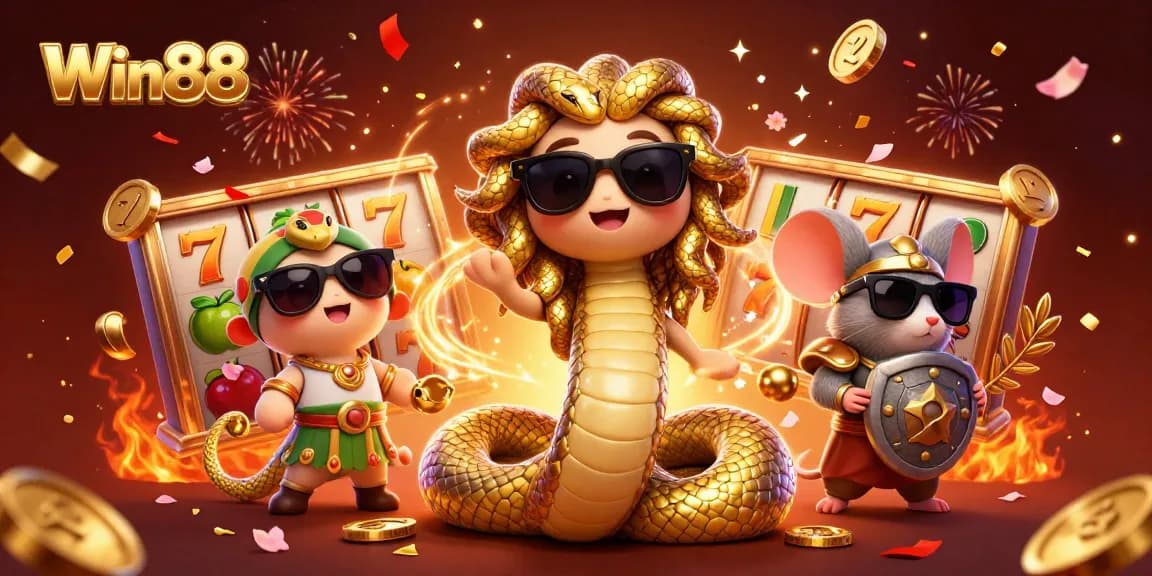 Experience thrilling gameplay at Win88 with Medusa and a warrior mouse in a vibrant casino scene.