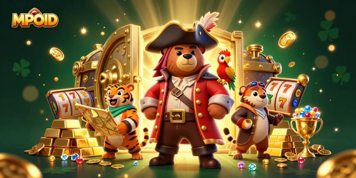 MPOID champions rich gaming adventures with a pirate bear, tiger, and treasures amidst dazzling lights.