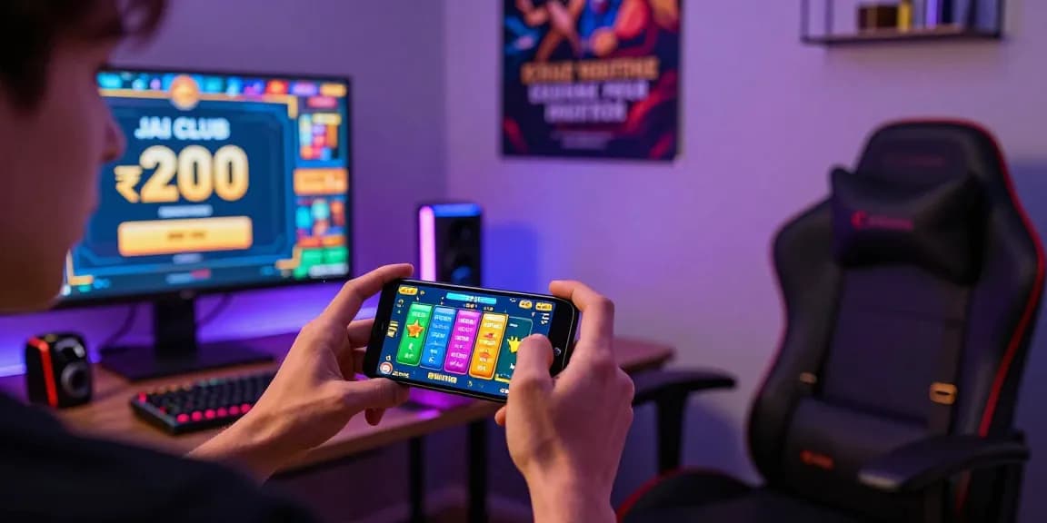 Player enjoying Jai Club games on smartphone with exciting graphics and a ₹200 bonus screen, vibrant gaming corner.