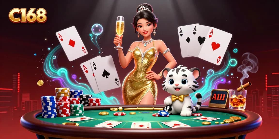 C168 celebrates winning moments in a vibrant casino scene with glamorous characters and exciting game elements.