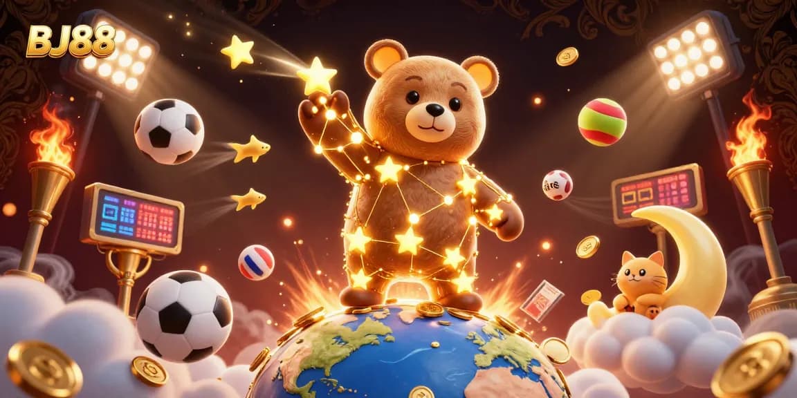 Engage with BJ88's thrilling sports betting environment featuring vibrant coins, dynamic sports balls, and starry characters.