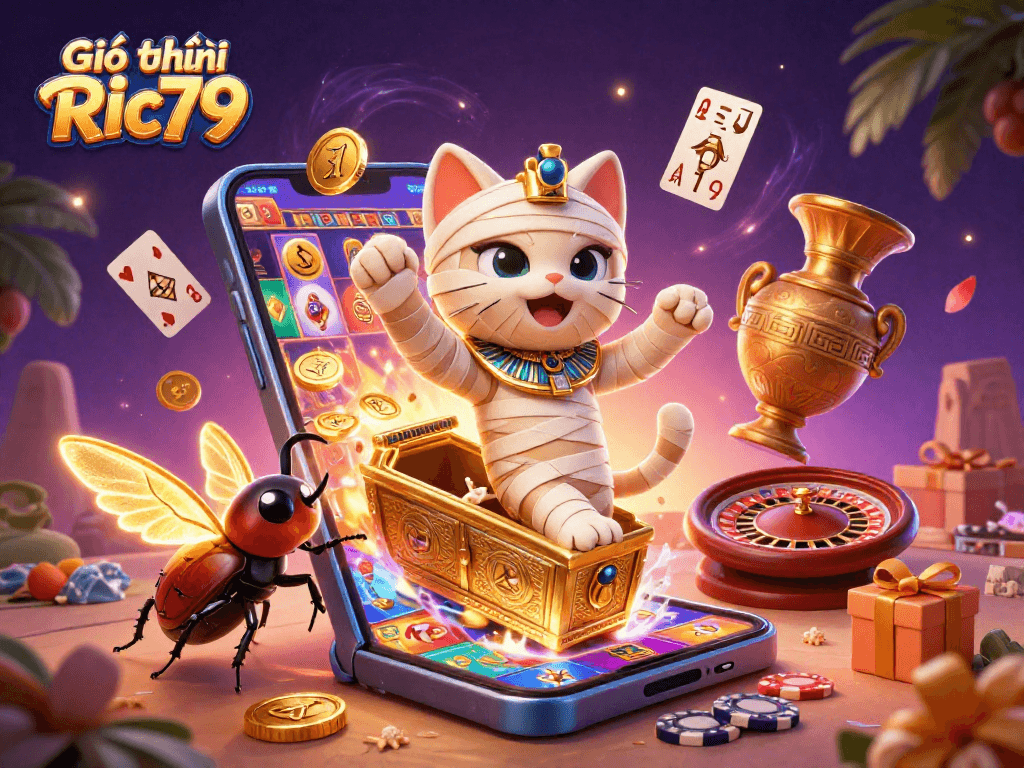 Engage in exciting gameplay with Giới thiệu Ric79 featuring a dynamic 3D illustration of a pyramid casino and captivating characters.