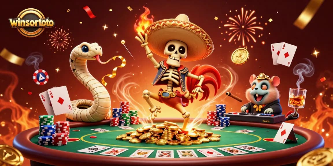 Menangkan dengan winsortoto! Skeleton mariachi menari di atas koin emas di tengah suasana kasino.