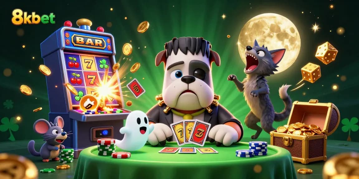 Engage with thrilling 8kbet action at a vibrant casino scene featuring whimsical cartoon characters.