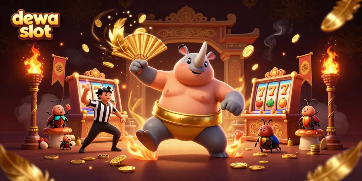 Spin the dewa slot reels as the sumo beetle stomps for big wins amid flying coins.