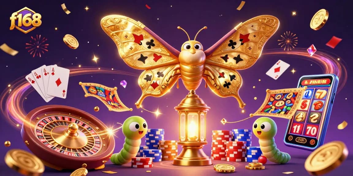 Engage with f168's vibrant casino scene featuring a stunning moth and golden gaming elements.