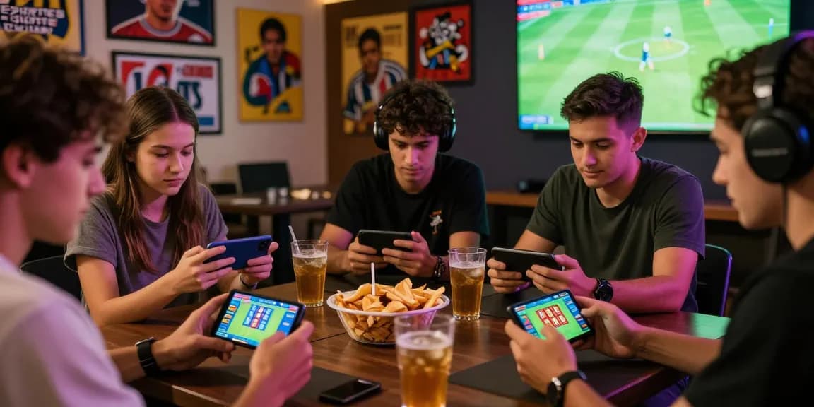 Players using Esportes da Sorte for mobile betting during a live sports game, showcasing excitement and engagement.