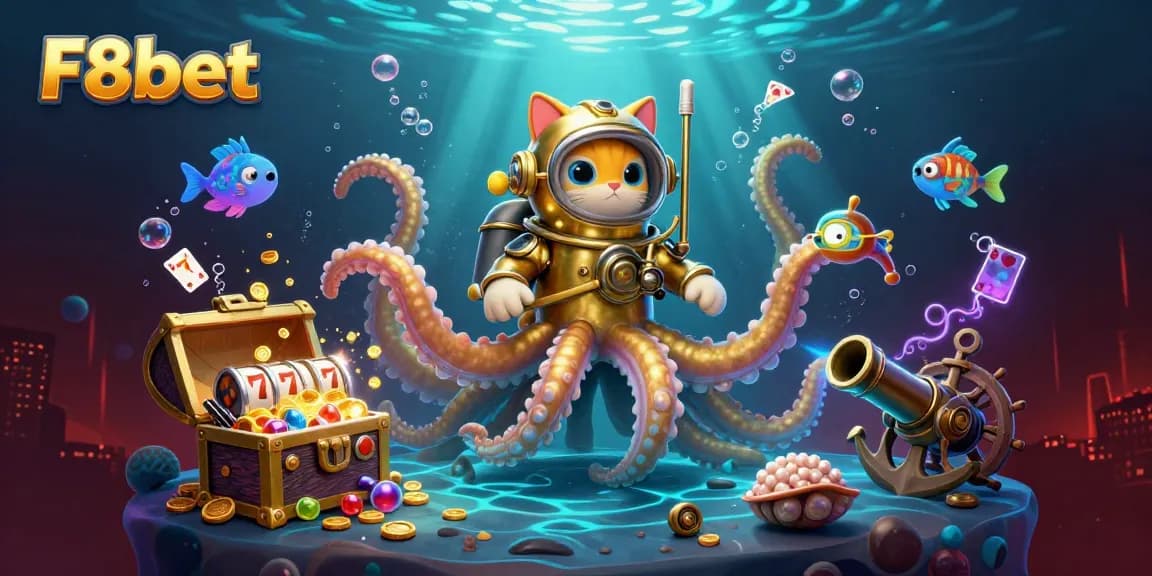 Experience the thrill of F8bet with a colossal kraken and a diving cat in a vibrant casino underwater adventure.
