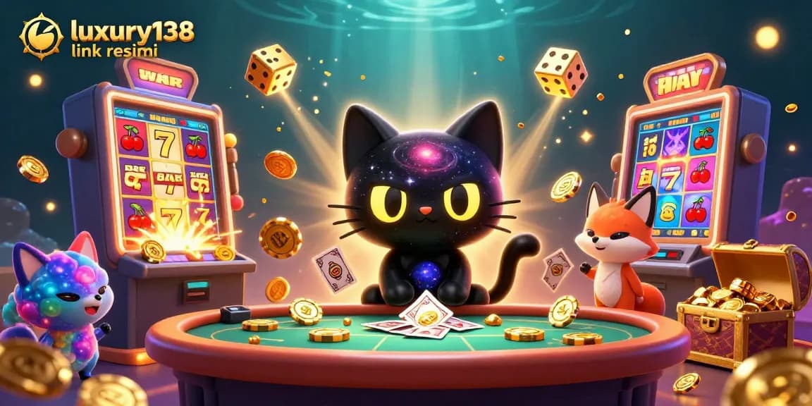 Permainan seru dalam gambar luxury138 link resmi yang ribut dengan chip emas dan simbol slot.