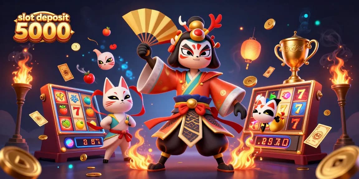 Engage with the exciting slot deposit 5000 experience featuring a kabuki warrior and vibrant slot elements.