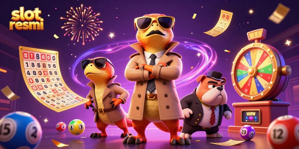 Slot resmi menampilkan raptor 3D dalam jas trench di kasino, menggambarkan momen penuh keseruan.