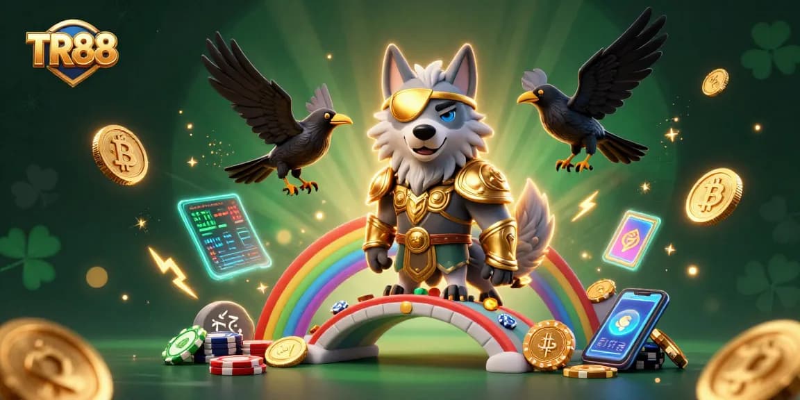 Immerse yourself in TR88's thrilling casino experience with Odin and his ravens on a vibrant rainbow bridge.