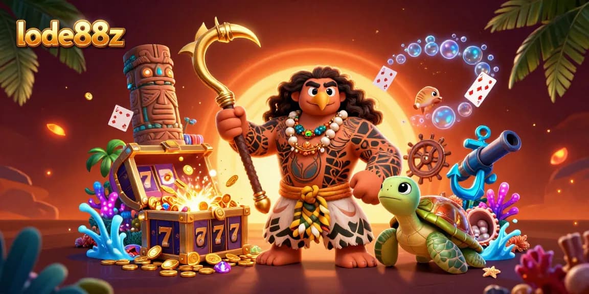 Engage with lode88z in this vibrant casino scene featuring a demigod hawk and treasure elements.