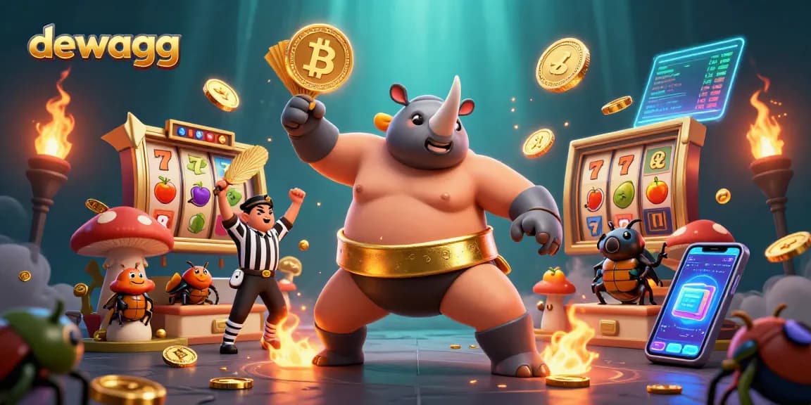Experience exciting gameplay with dewagg as beetle champions battle, glowing coins, and slot symbols surround them.