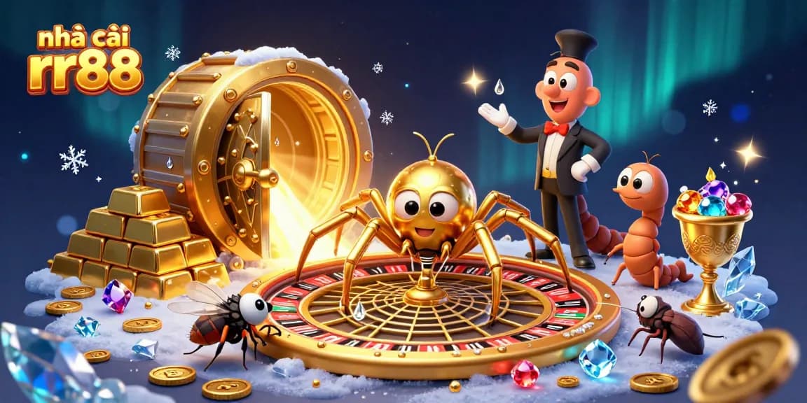 Experience thrilling action at nhà cái rr88 with a golden spider and a centipede croupier in a vibrant casino scene.