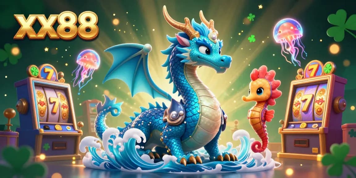 Experience the vibrant energy of xx88 with a dazzling dragon and lively jellyfish in a casino-theme.