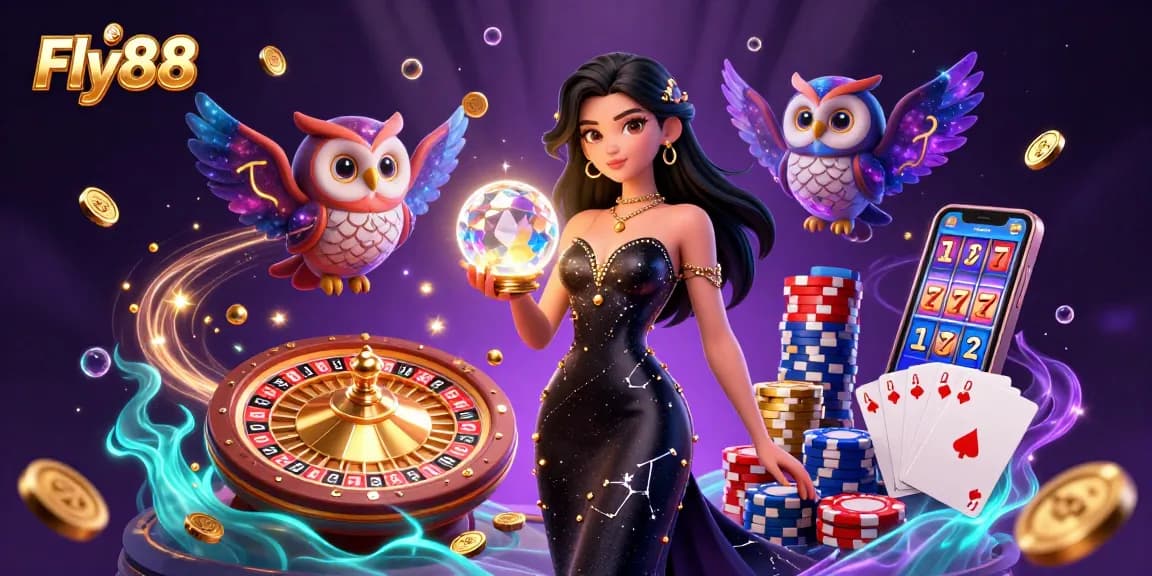 Experience the magic of Fly88 as a stunning woman holds a crystal ball amidst a vibrant casino scene with spinning roulette, golden coins, and lively game elements.