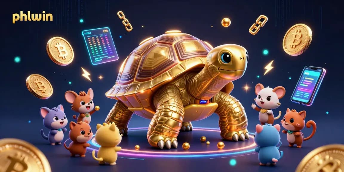 Play exciting games at phlwin with a vibrant scene of a tortoise pinball and crypto elements
