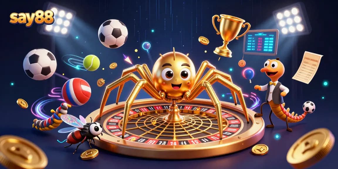 Experience thrilling bets at say88 with a dynamic scene showcasing a golden roulette wheel and lively game elements.