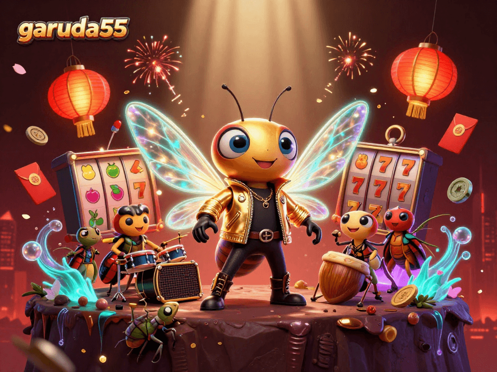 Permainan slot garuda55 dengan cicada rock star berwarna cerah dalam ilustrasi 3D yang dinamis.