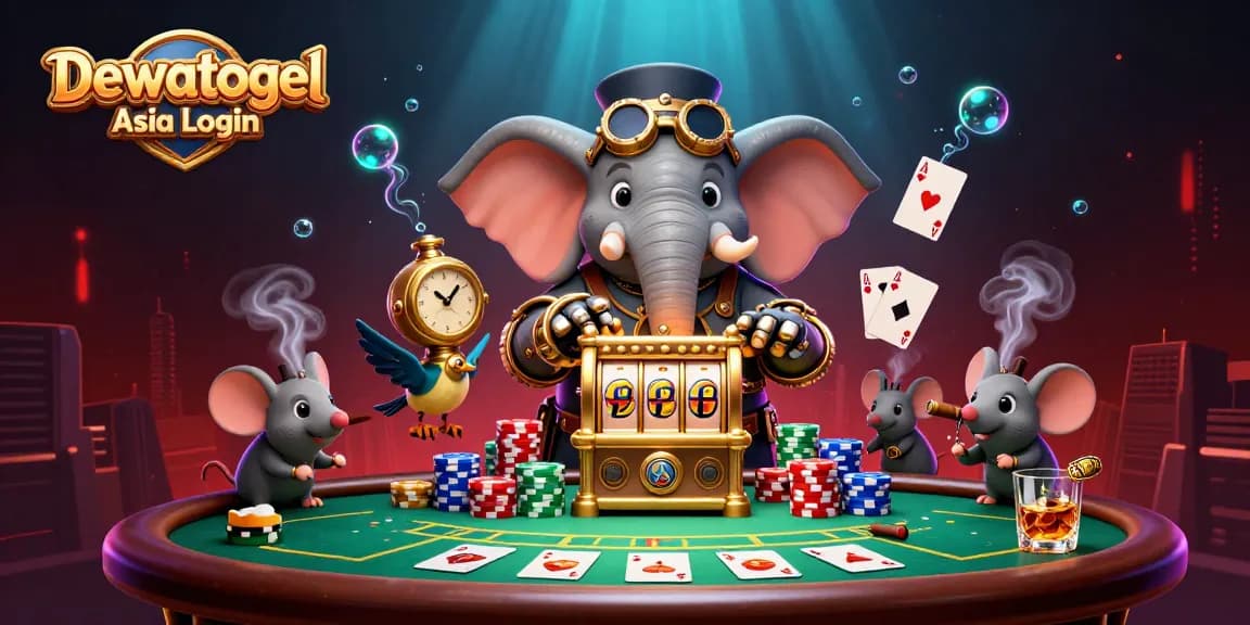 Dewatogel Asia Login shows a steampunk elephant and companions enjoying a lively gambling scene.