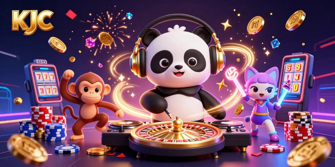 KJC creates an electrifying atmosphere with a DJ panda, breakdancing monkey, and rave kitten amidst cascading casino elements.