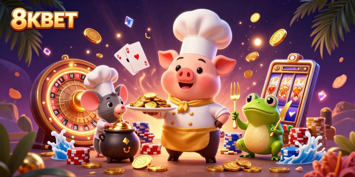 Experience thrilling wins at 8KBET with chefs crafting golden coins in this vibrant casino scene.
