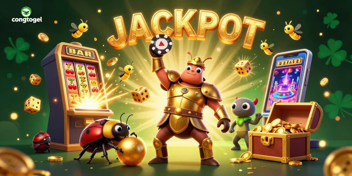 Engaging 3D illustration showcasing congtogel characters celebrating a jackpot in a vibrant casino scene.
