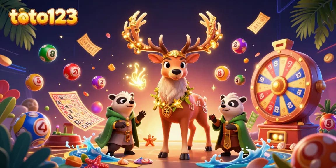 Engaging scene showcasing toto123 with a druid stag, a wise badger, and vibrant lottery elements, perfect for online gaming.