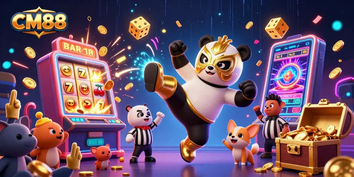 Experience the excitement of CM88 casino with an energetic panda wrestler and festive gaming elements.
