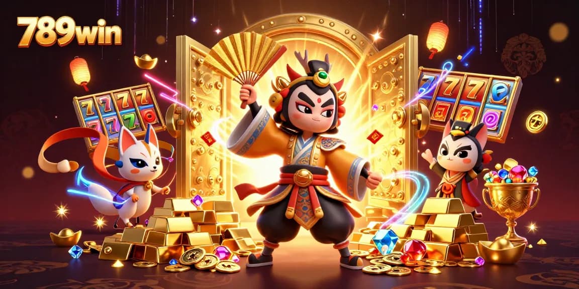 An immersive 3D scene showcasing the captivating play of chance at 789win with ornate characters and gaming elements surrounding them.