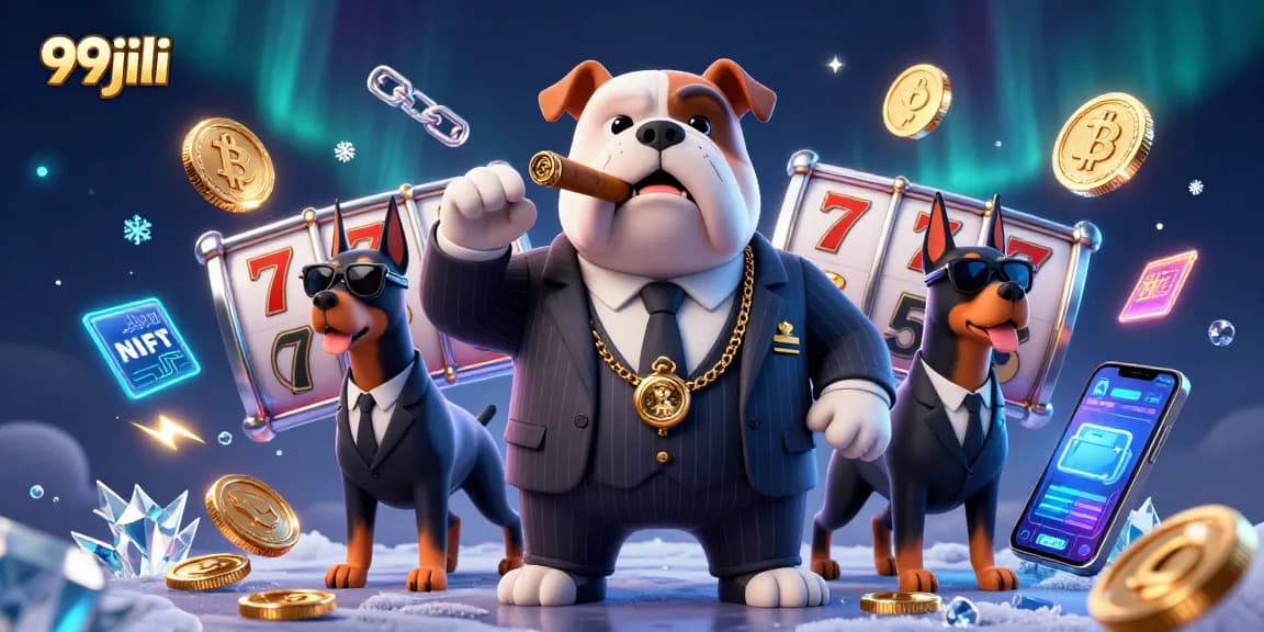 Experience thrilling action at 99jili with vibrant slot games and a mafia-themed casino illustration.