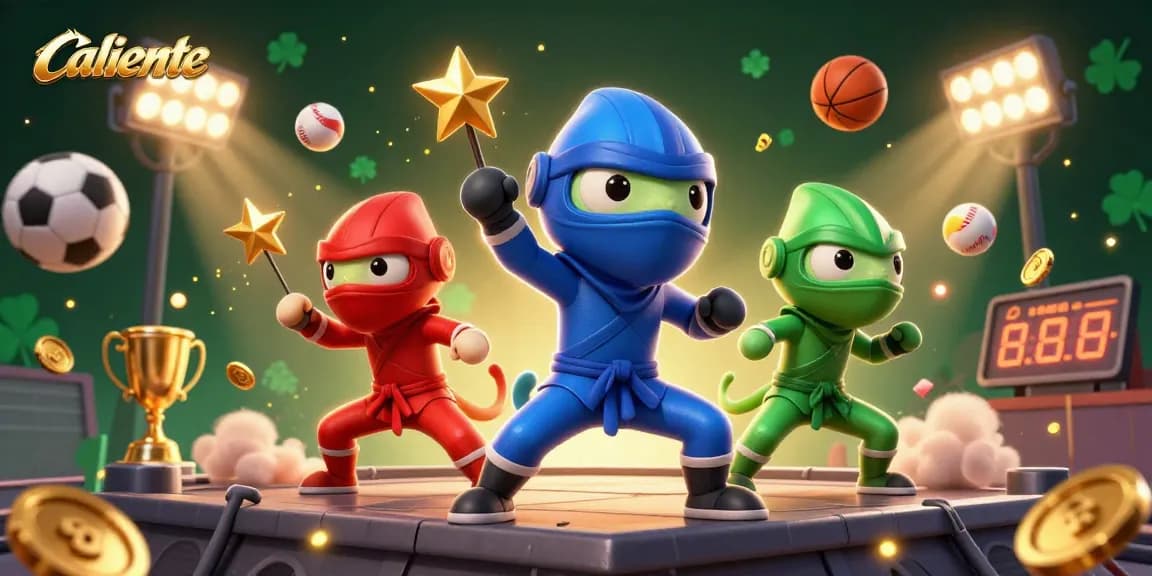 Caliente offers thrilling sports betting experiences with colorful chameleon ninjas amidst dynamic sports elements.