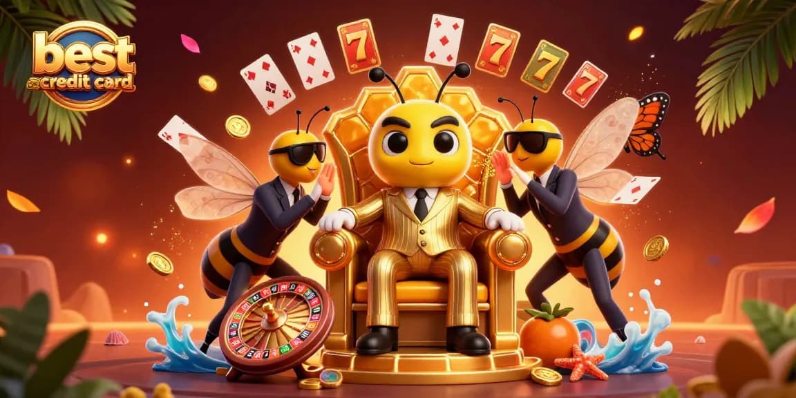 Experience the excitement at the best credit card casinos with floating cards, slots, and mob boss characters.