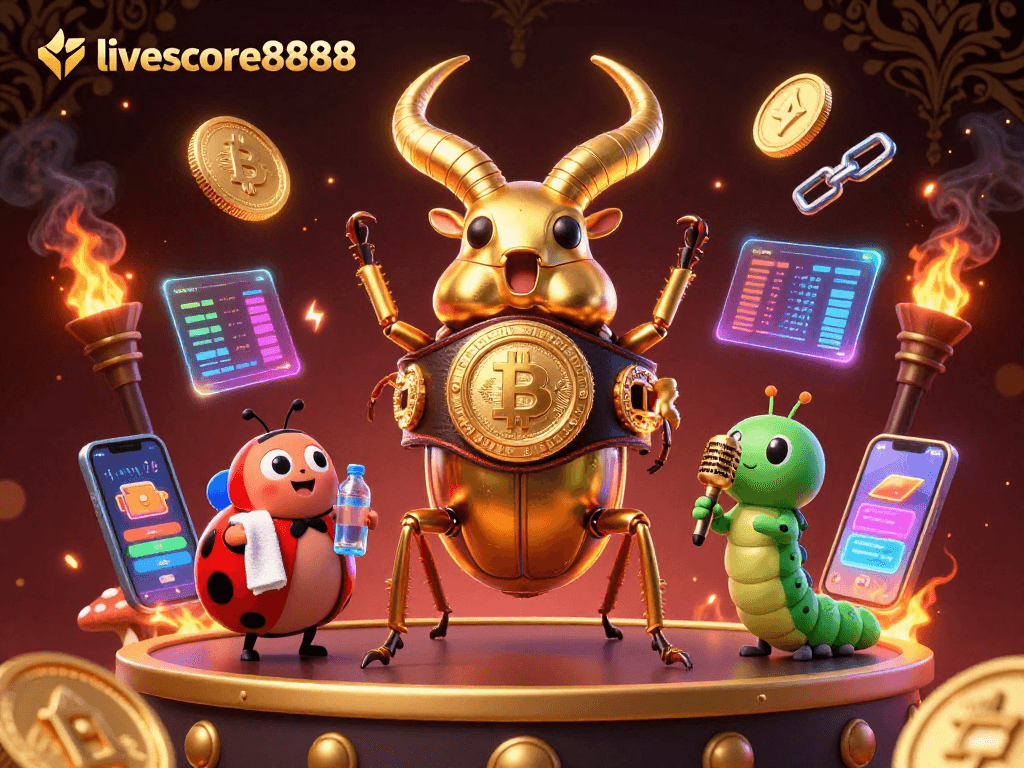 Experience the exciting livescore8888 gaming scene with engaging cartoon characters and vibrant crypto elements.